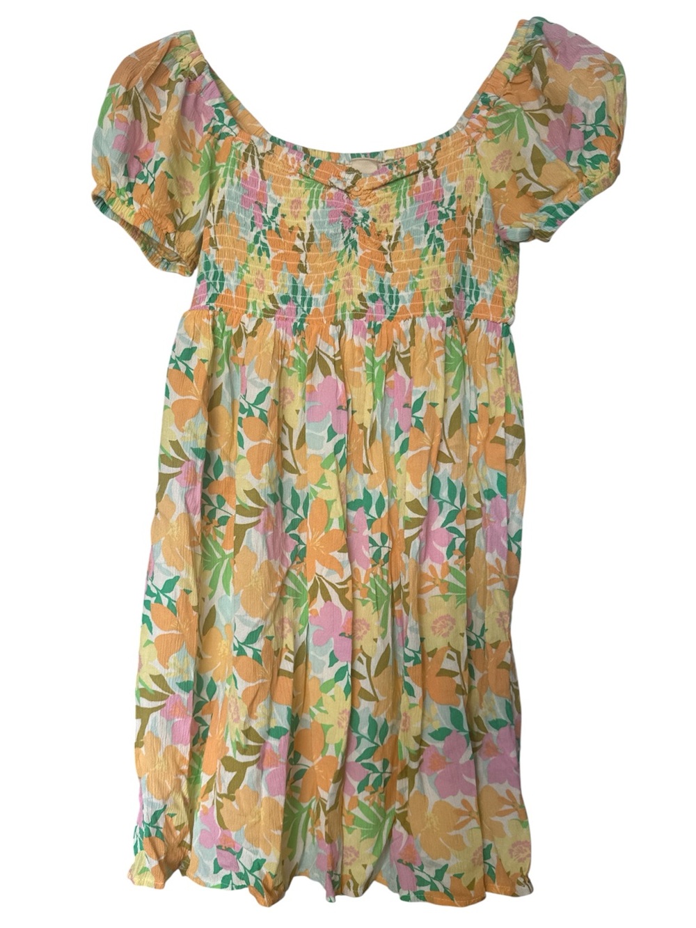 Billabong Girls' Floral Smocked Puff-Sleeve Dress - Yellow, Pink & Green